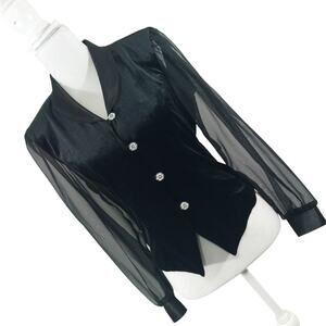 DRESSBARN COLLECTION! BLACK VELVET SHEER CHIFFON SLEEVE, RHINESTONE BLOUSE! SZ S